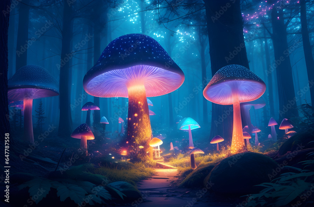 Step into an enchanting realm of imagination with our dream-like forest scene. Towering, luminous mushrooms, animated creatures, and ethereal lights create a world of magic and wonder