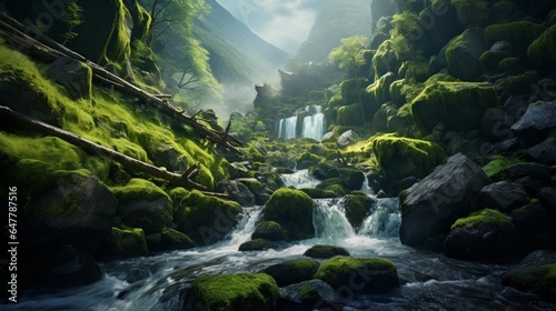 a mountain stream cascading over moss-covered rocks. 