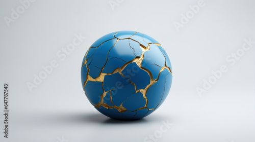 Art of Repairing Earth: Blue Ceramic Globe with Elaborate Gold Earth Cracks, Reflecting Kintsugi Aesthetics