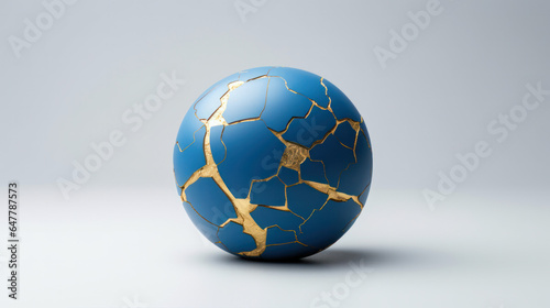 Restored Planet Earth: Blue Ceramic Globe with Intricate Golden Earthquake Cracks