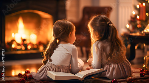 Two little girls together with a book in front of a fireplace inside their home. Living room decorated with Christmas decorations and Christmas tree. Friendship, children and family on Christmas Eve