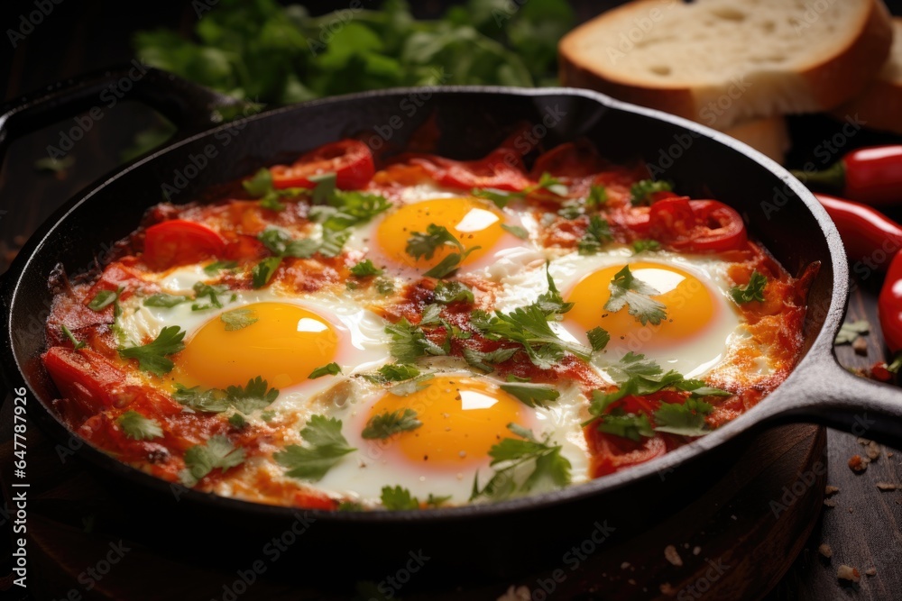 Shakshuka with tomatoes in a frying pan