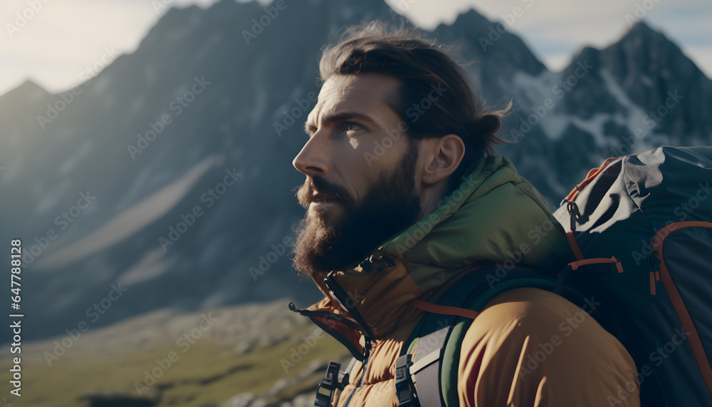 young man with a backpack hiking in the mountains - a traveler, hiking on a sunny day, conquering the peaks