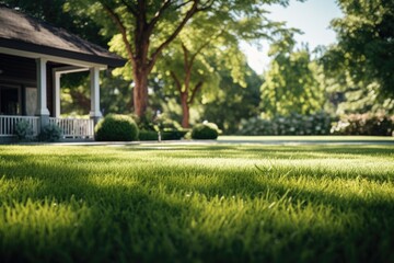 Green lawn smooth grass near the house