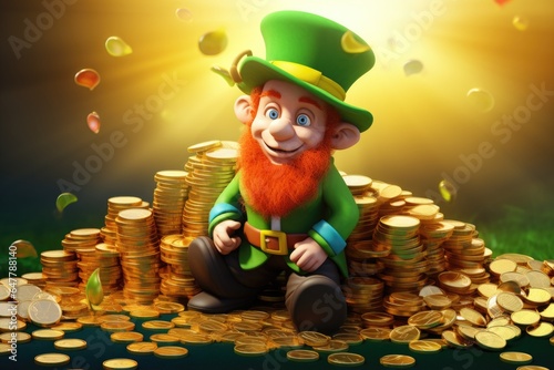 Leprechaun sits on gold coins near the rainbow photo