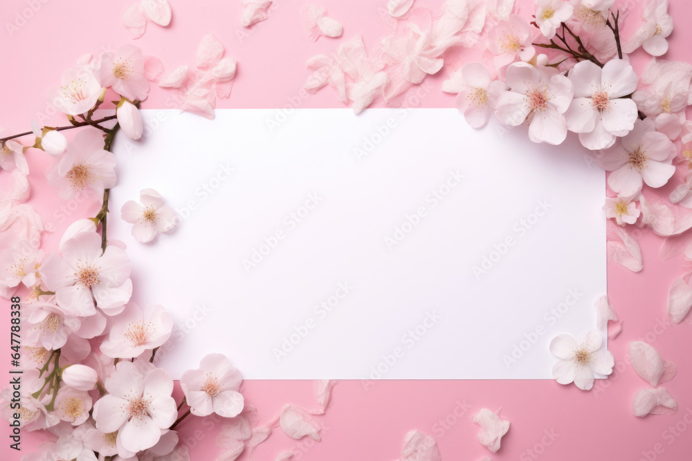 A white postcard with a flower branch lies on a pink background, a place for text
