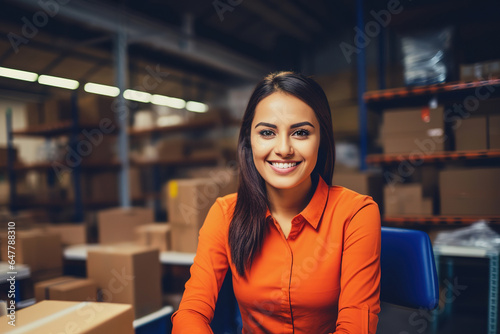 Hispanic female warehouse manager with laptop in distribution center. Storehouse package supervisor