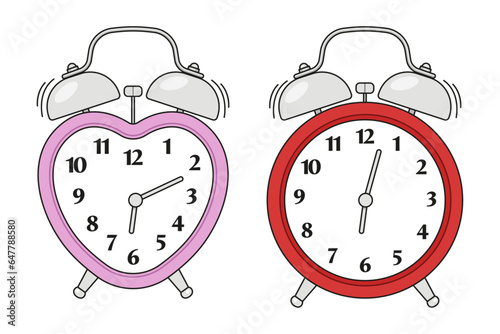 Vector illustration of a heart and circle twin bell alarm clocks.