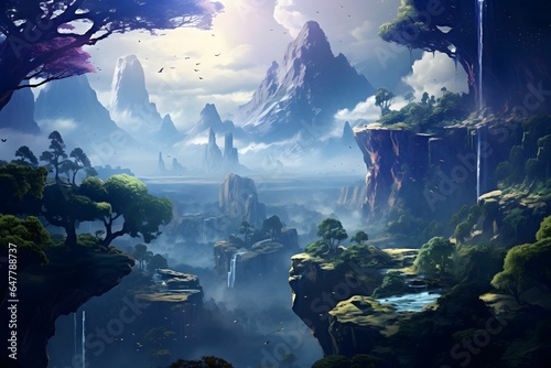  an image of a breathtaking fantasy landscape with floating islands, vibrant alien flora, and mythical creatures. Imagine a world where the impossible becomes possible. photo