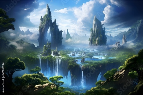  an image of a breathtaking fantasy landscape with floating islands, vibrant alien flora, and mythical creatures. Imagine a world where the impossible becomes possible.