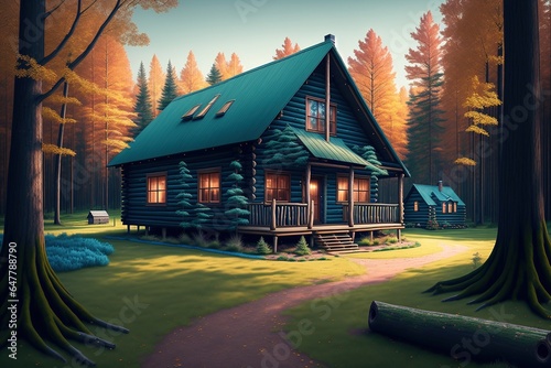 a log cabin in the woods with a blue house in the background