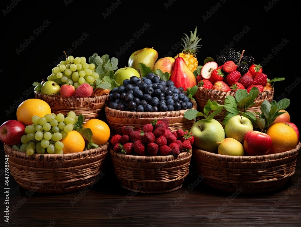 Closeup selection of colorful healthy superfood, a collection of fresh organic delicious fruits and berries in wooden baskets on black background