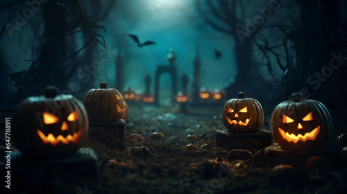 Halloween - pumpkins in a haunted forest with tombs at night, aspect ratio 16:9