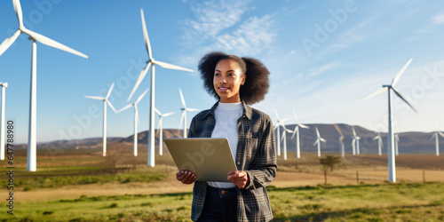 Young Black Woman Standing in Field with Wind Turbines for Renewable Energy - Ideal for Environmental and Sustainability Content, Generated by AI