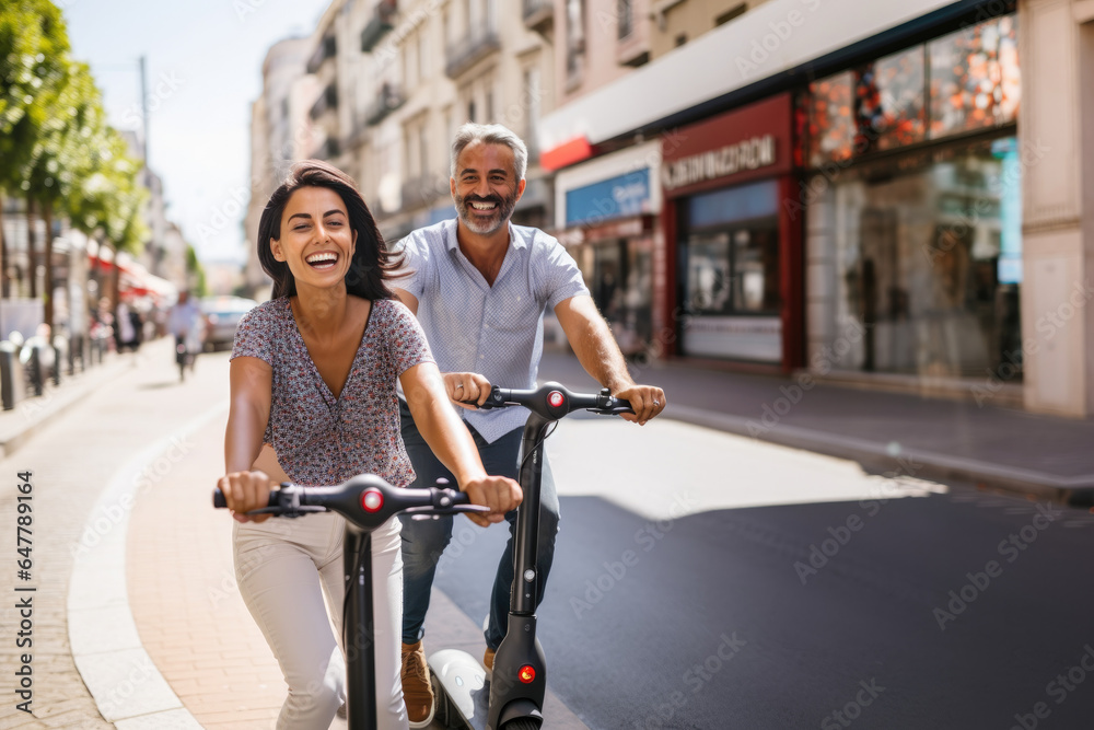 Obraz premium Joyride Getaway: Couple Gleefully Navigating the City on a Scooter, Celebrating Travel, Togetherness, and the Essence of a Well-Deserved Break.