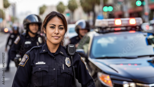 Hispanic woman working as police officer or cop, closeup portrait, blurred vehicle and city background. Generative AI