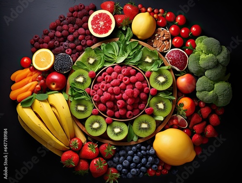 Closeup selection of colorful healthy superfood  a collection of fresh organic delicious fruits and berries in wooden baskets on black background