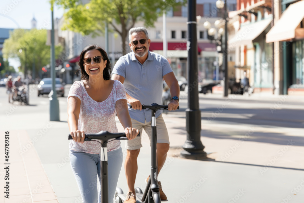 Joyride Getaway: Couple Gleefully Navigating the City on a Scooter, Celebrating Travel, Togetherness, and the Essence of a Well-Deserved Break.