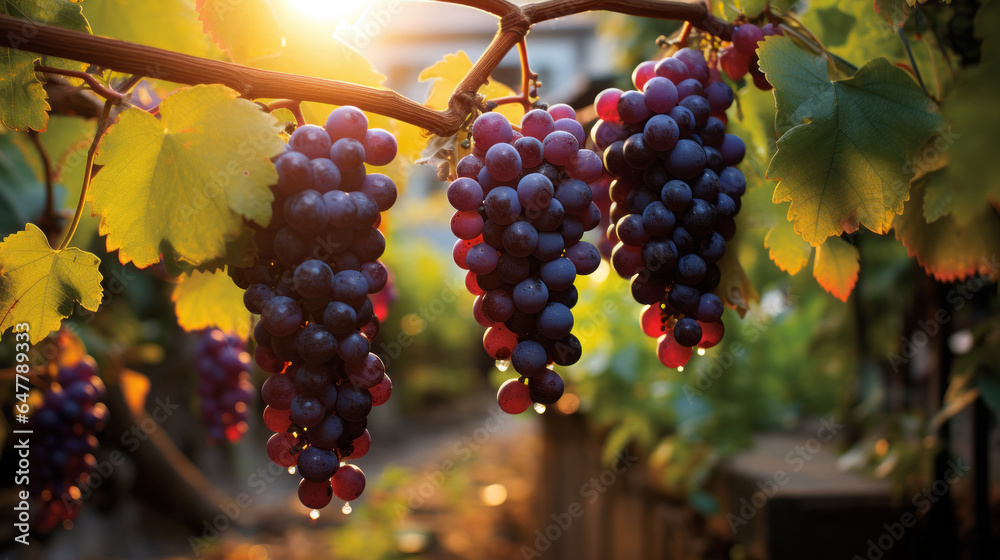 purple grapes hang from a trellis