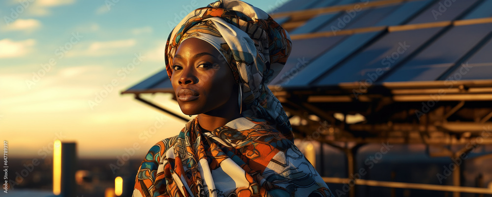 Fototapeta premium Fusing Traditions with Tomorrow: Black Woman in Traditional Attire Harnessing Digital Technology to Craft a Sustainable and Inclusive Future.