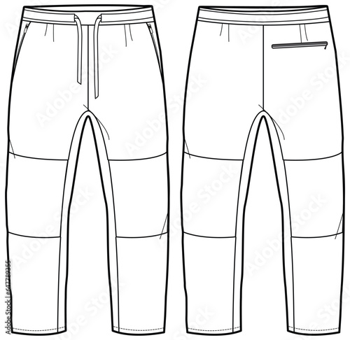 Men's Three quarter active shorts front and back view flat sketch fashion illustration, Knitted Jogger cropped three quarter short vector template drawing
