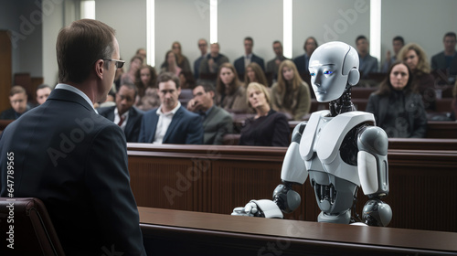 AI Ethics, humanoid Robot Defendant in Modern Courtroom with Diverse Jurors