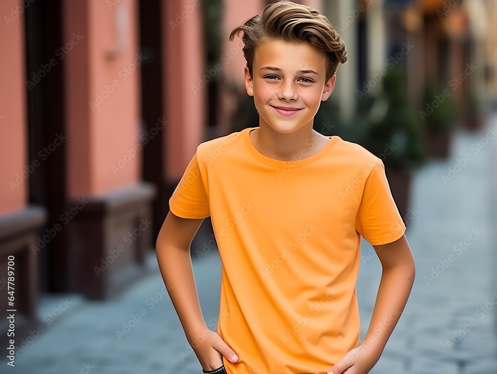 Cute boy wearing blank empty yellow t-shirt mockup for design template