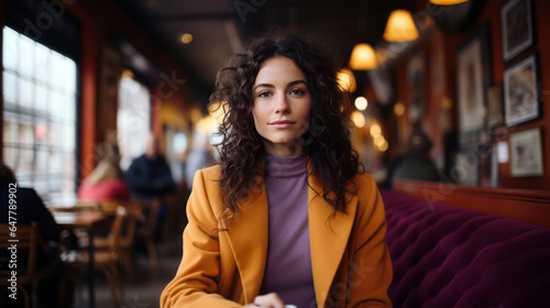 young woman in a pink and orange outfit sits in a coffee shop