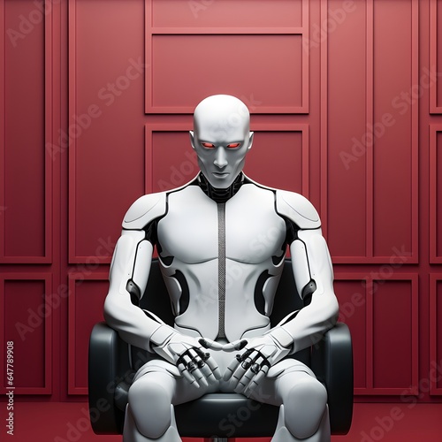 Evil AI Android sitting in a chair 