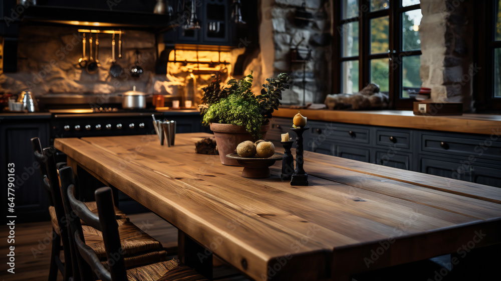 Traditional, vintage kitchen with a massive, wooden table