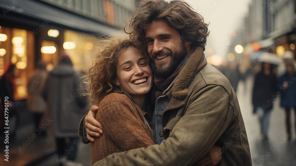 smiling couple hugging in the city on a busy street smiling couple hugging in the city on a busy street