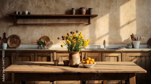 wooden table with flowers in a traditional, vintage kitchen