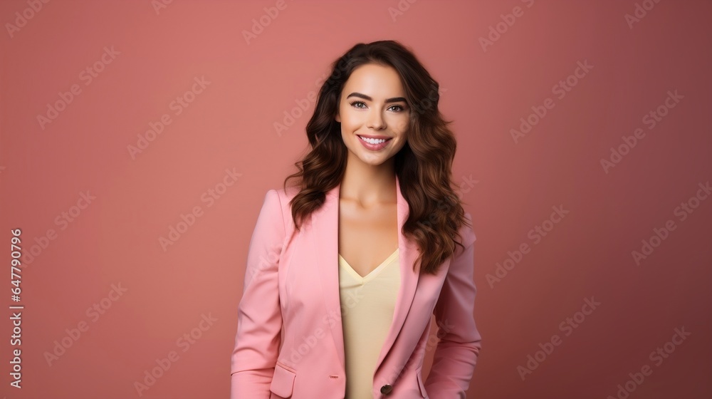 Beautiful smiling young woman in pink suit, isolated on pink background Beautiful smiling young woman in pink suit, isolated on pink background