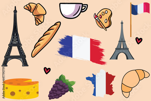 France Icons Clipart with French Flags and French Bread for The National Day of France, Best Paris Set Background photo