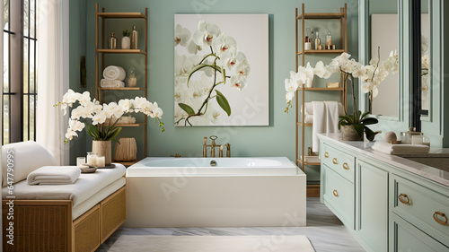 Bathroom with Bathtub and Painting of Flowers: Relaxing and Serene photo