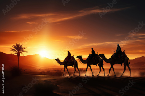 Silhouette of a group of camels in the desert at sunset. Copy space for text