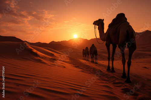 Camel caravan in the desert at sunset