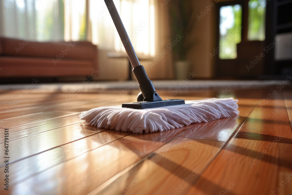 Cleaning a wooden floor with a damp mop Stock Photo Adobe Stock