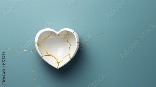 Emotional Bond's Resurgence: White Marble Heart with Ornate Gilded Fault Lines, Conveying Kintsugi Elegance