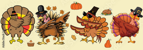 Pack of Dabbing Turkeys for Celebrating the Thanksgiving with Food and Thanksgiving Elements for Designers