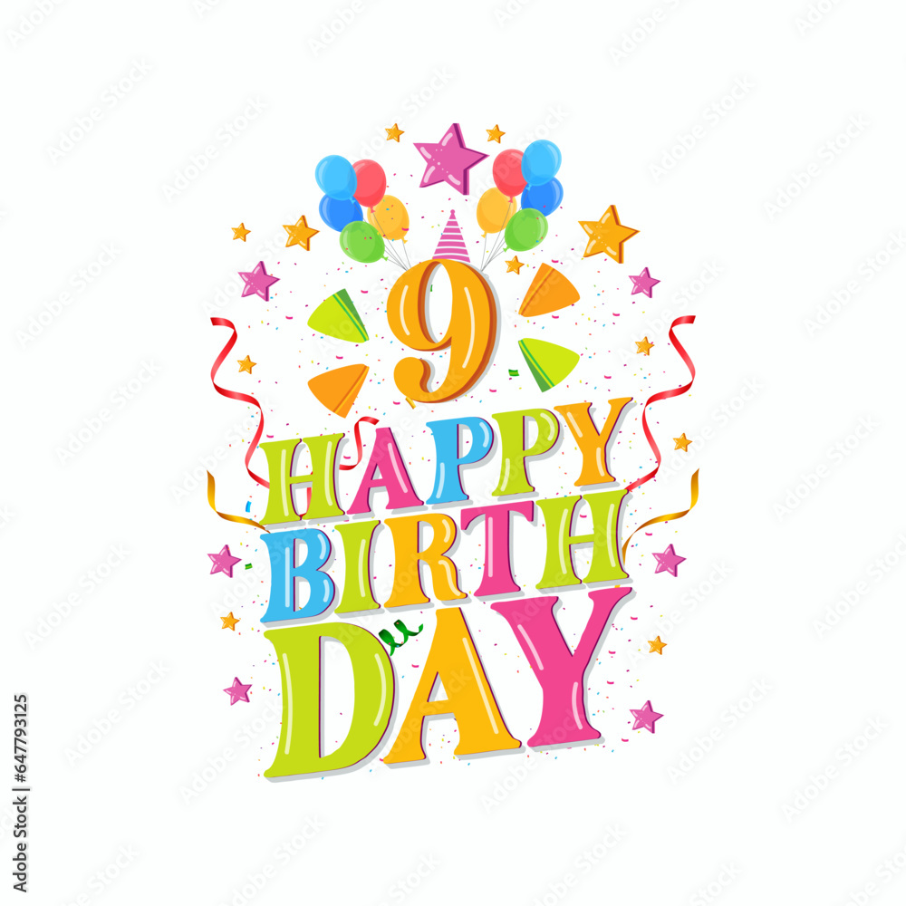 9th happy birthday logo with balloons, vector illustration design for birthday celebration, greeting card and invitation card.