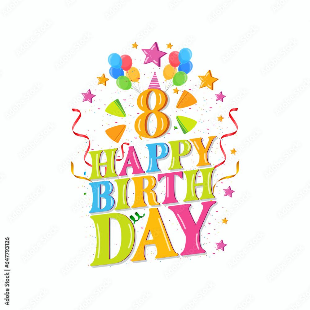 8th happy birthday logo with balloons, vector illustration design for birthday celebration, greeting card and invitation card. - obrazy, fototapety, plakaty 