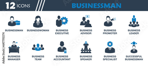 Businessman Icon Set. Collection of Businesswomen, Business Executive, Leader, Manager, Speaker, Team, Accountant, Advisor, Promoter, Specialist and More Icons. Editable Flat Vector Illustration.