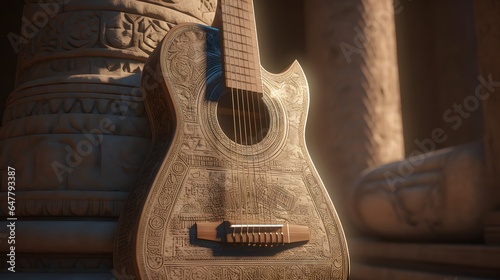 une guitare acoustique dans un temple oriental, généré par IA photo