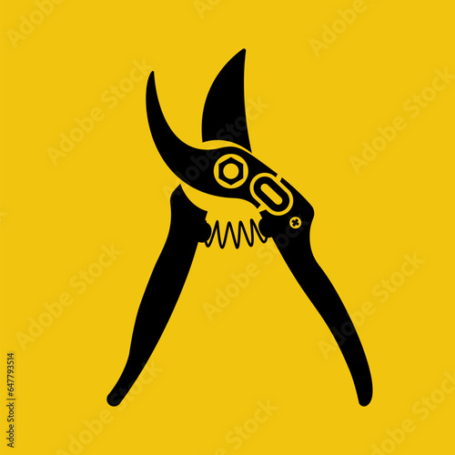Secateurs black silhouette icon. Gardening scissors. Gardening secateurs for cutting branches. Vector illustration flat design. Isolated on white background.