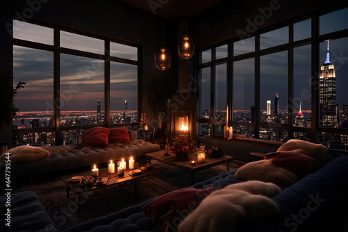 Interior lounge with striking view of a busy city metropolis with tall buildings and city lights, soft furnishings and candle light, pillows