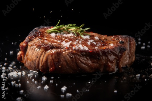 A close-up of a perfectly cooked steak, isolated on a black background. The steak is medium-rare, with a juicy, tender interior and a crispy, charred exterior. 