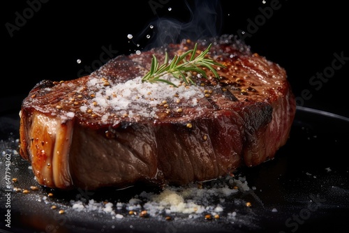 A close-up of a perfectly cooked steak, isolated on a black background. The steak is medium-rare, with a juicy, tender interior and a crispy, charred exterior. 