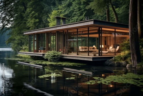 Scenic wooden lakeside house, surrounded by nature. Generative AI © Fable