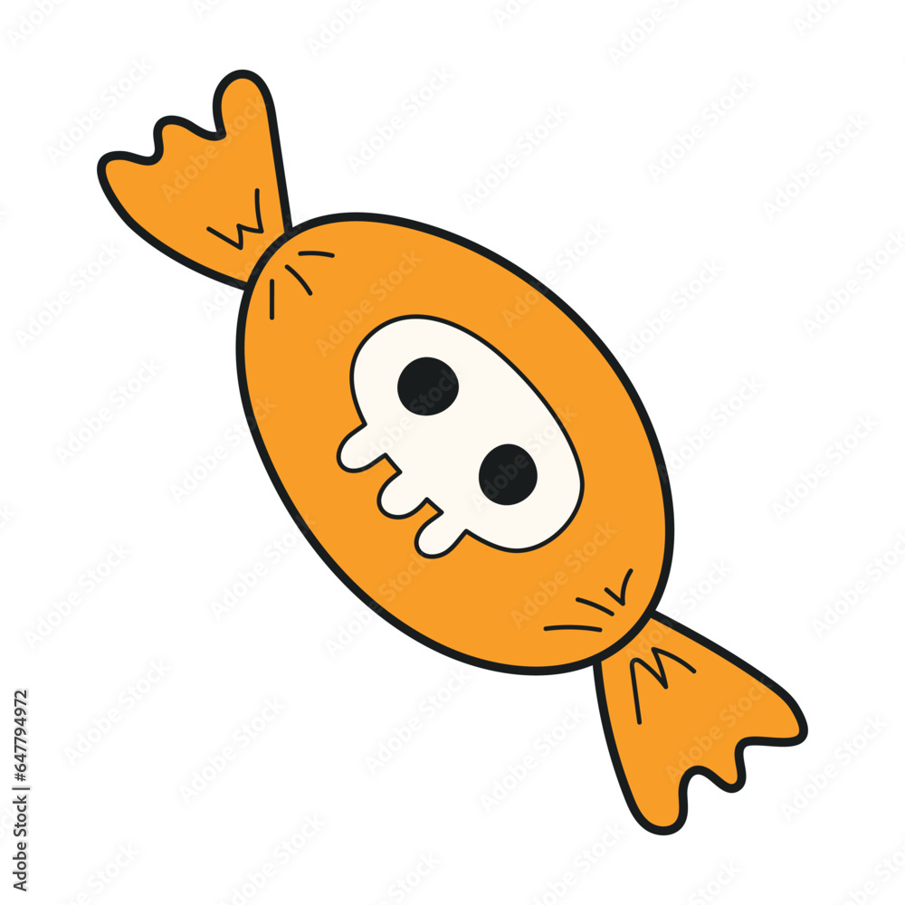 Obraz premium Candy in wrapper with skull hand drawn Halloween illustration. Cartoon style line art design, isolated vector. Kids seasonal print element, autumn holiday, trick or treat tradition, sweet food